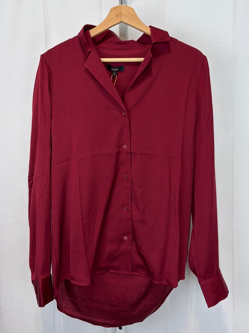 NWT QUINCE Washable Stretch Silk Notch Collar Blouse Long Sleeve Top Burgundy M